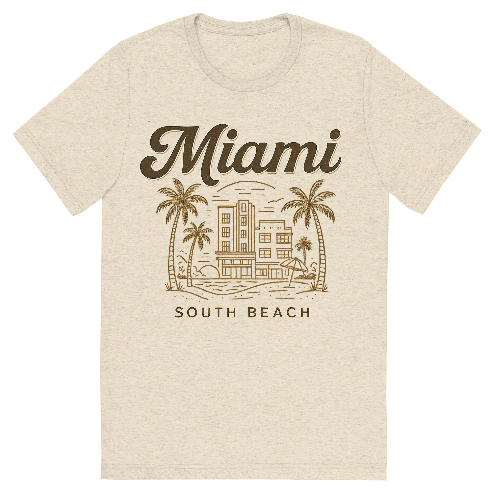 Front view of a Premium Tri-Blend Crew Neck T-Shirt in Oatmeal showing 'A typographic, nostalgic graphic of a typographic illustration of the words 'miami' with a vintage line art drawing of south beach'