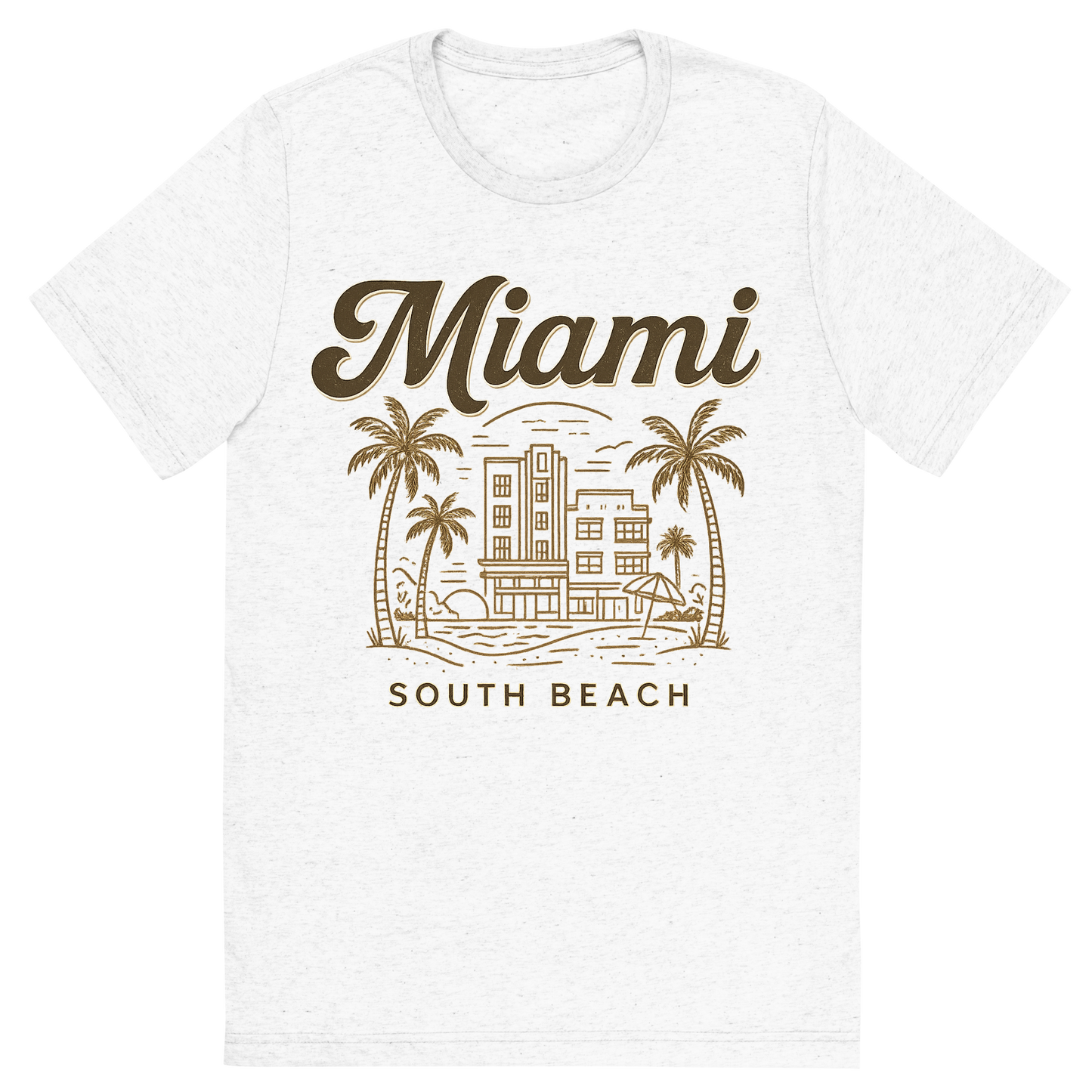 Front view of a Premium Tri-Blend Crew Neck T-Shirt in Solid White showing 'A typographic, nostalgic graphic of a typographic illustration of the words 'miami' with a vintage line art drawing of south beach'