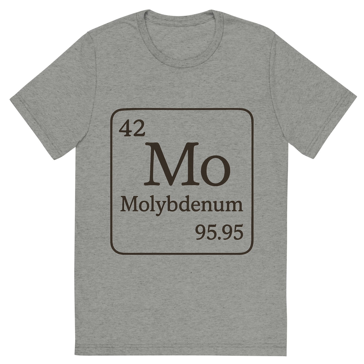 Front view of a Premium Tri-Blend Crew Neck T-Shirt in Athletic Grey showing 'A line art, nostalgic graphic of molybdenum's entry on the periodic table, use a dark color for the lines and text'