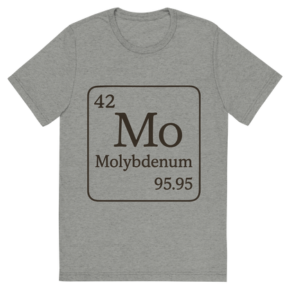 Front view of a Premium Tri-Blend Crew Neck T-Shirt in Athletic Grey showing 'A line art, nostalgic graphic of molybdenum's entry on the periodic table, use a dark color for the lines and text'