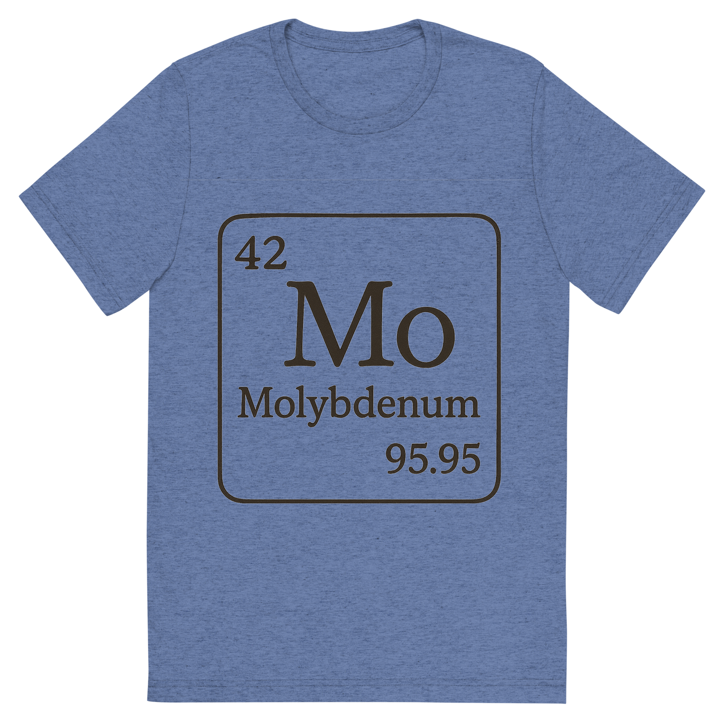 Front view of a Premium Tri-Blend Crew Neck T-Shirt in Blue showing 'A line art, nostalgic graphic of molybdenum's entry on the periodic table, use a dark color for the lines and text'