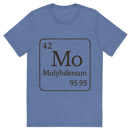 Front view of a Premium Tri-Blend Crew Neck T-Shirt in Blue showing 'A line art, nostalgic graphic of molybdenum's entry on the periodic table, use a dark color for the lines and text'