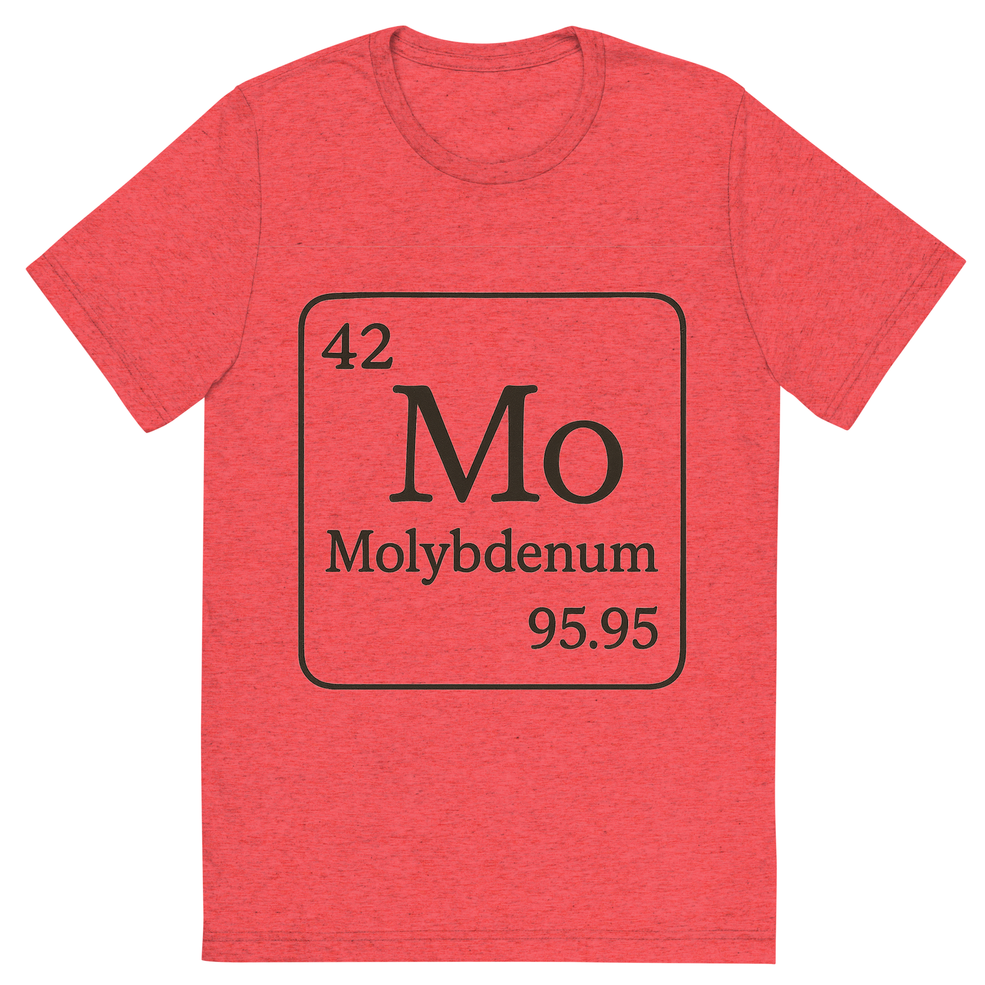 Front view of a Premium Tri-Blend Crew Neck T-Shirt in Red showing 'A line art, nostalgic graphic of molybdenum's entry on the periodic table, use a dark color for the lines and text'
