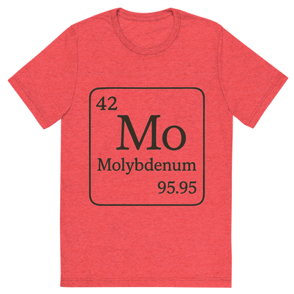 Front view of a Premium Tri-Blend Crew Neck T-Shirt in Red showing 'A line art, nostalgic graphic of molybdenum's entry on the periodic table, use a dark color for the lines and text'