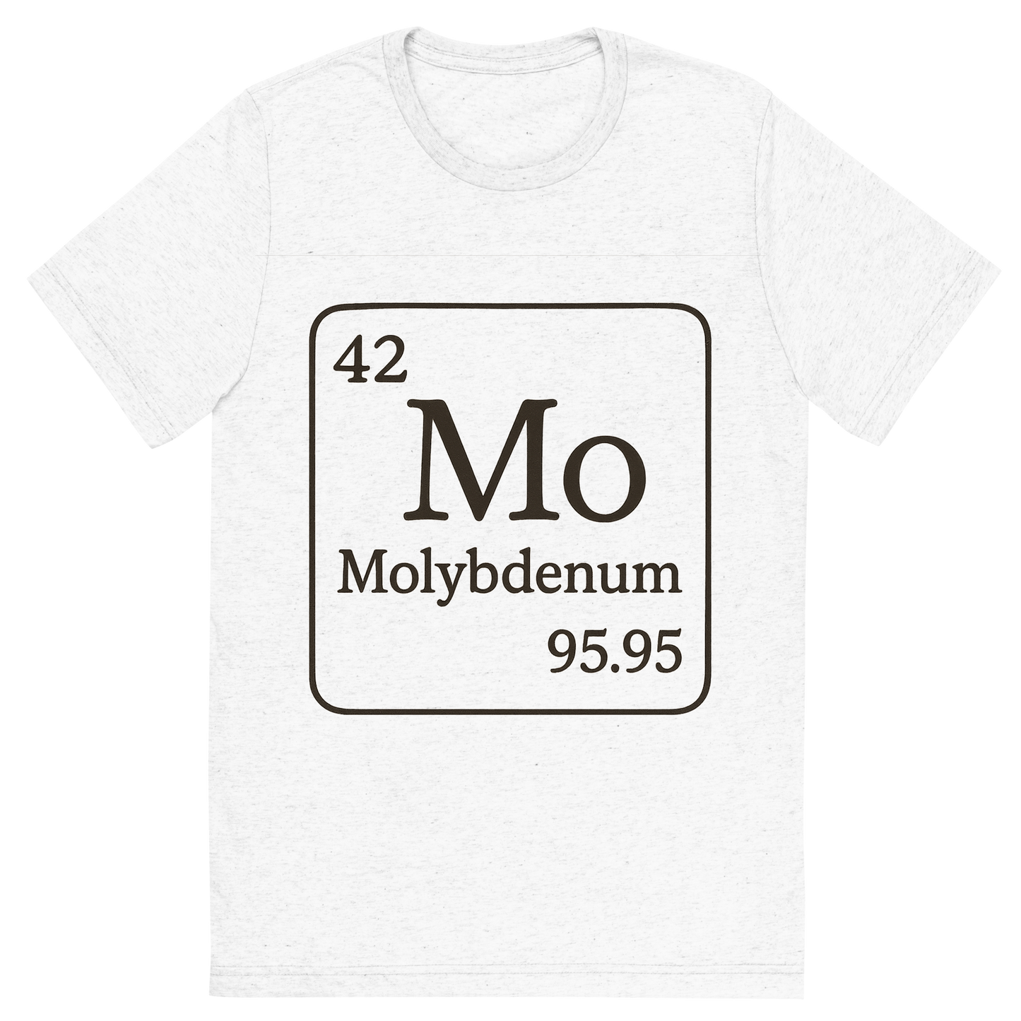 Front view of a Premium Tri-Blend Crew Neck T-Shirt in Solid White showing 'A line art, nostalgic graphic of molybdenum's entry on the periodic table, use a dark color for the lines and text'