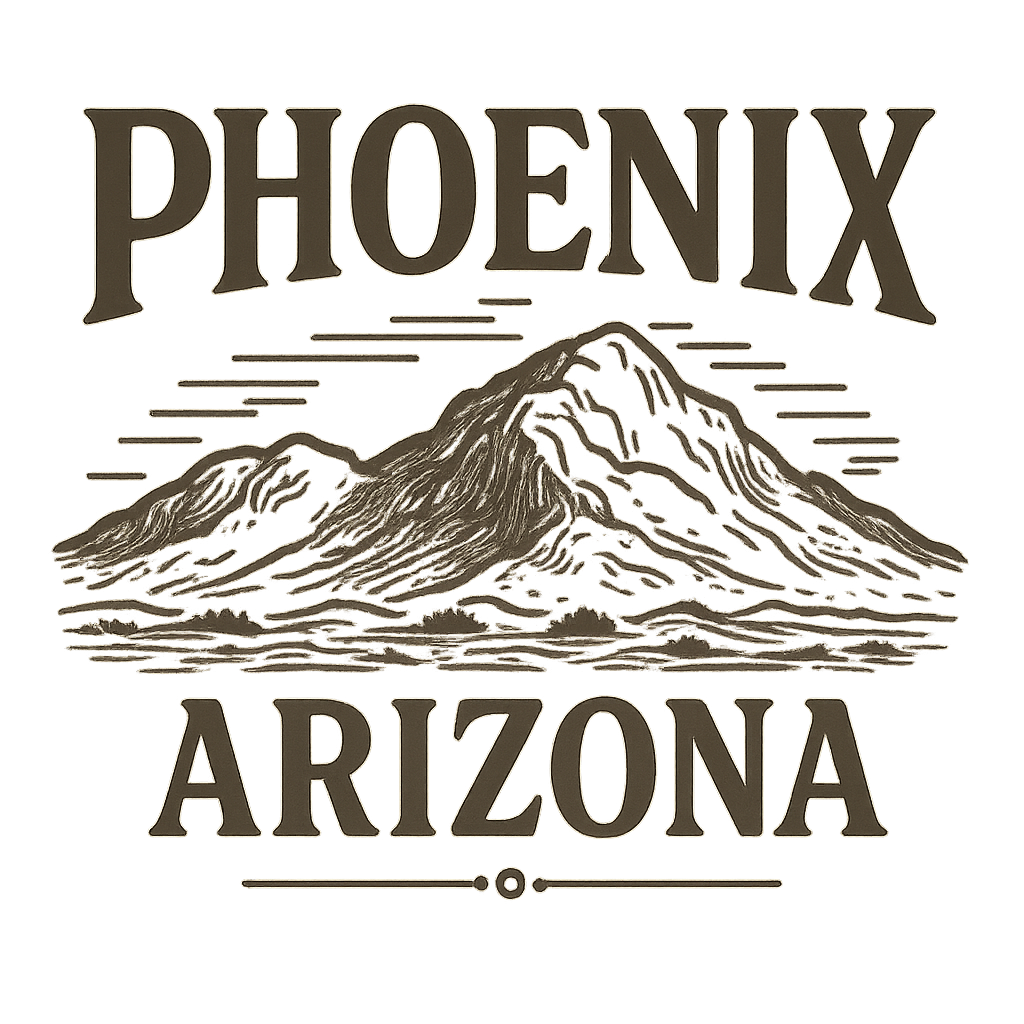 A typographic, nostalgic graphic of a typographic illustration of the words 'phoenix, arizona' with a vintage line art drawing of camelback mountain – a t-shirt design