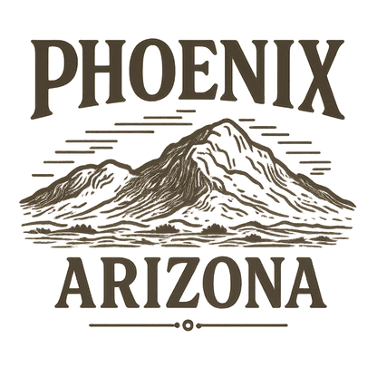 A typographic, nostalgic graphic of a typographic illustration of the words 'phoenix, arizona' with a vintage line art drawing of camelback mountain – a t-shirt design