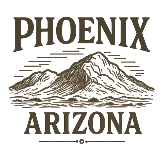 A typographic, nostalgic graphic of a typographic illustration of the words 'phoenix, arizona' with a vintage line art drawing of camelback mountain – a t-shirt design