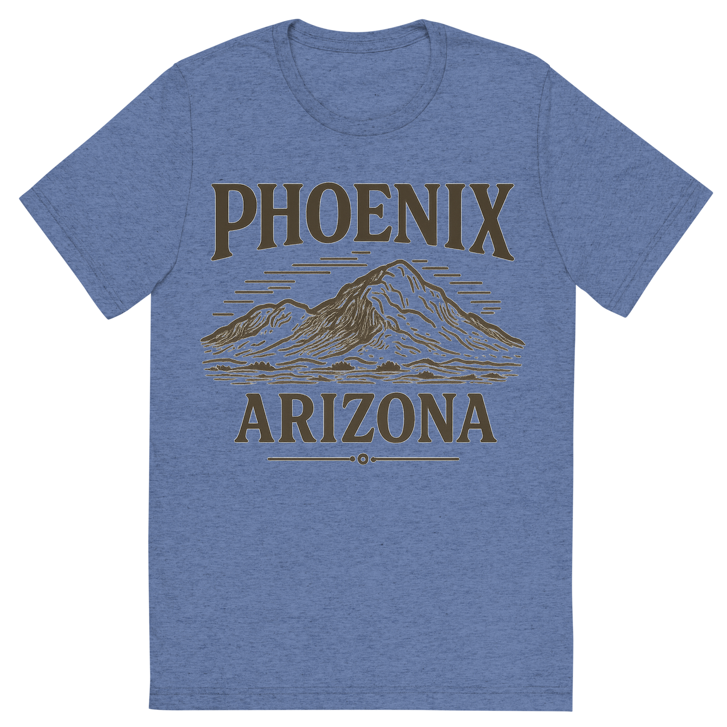 Front view of a Premium Tri-Blend Crew Neck T-Shirt in Blue showing 'A typographic, nostalgic graphic of a typographic illustration of the words 'phoenix, arizona' with a vintage line art drawing of camelback mountain'