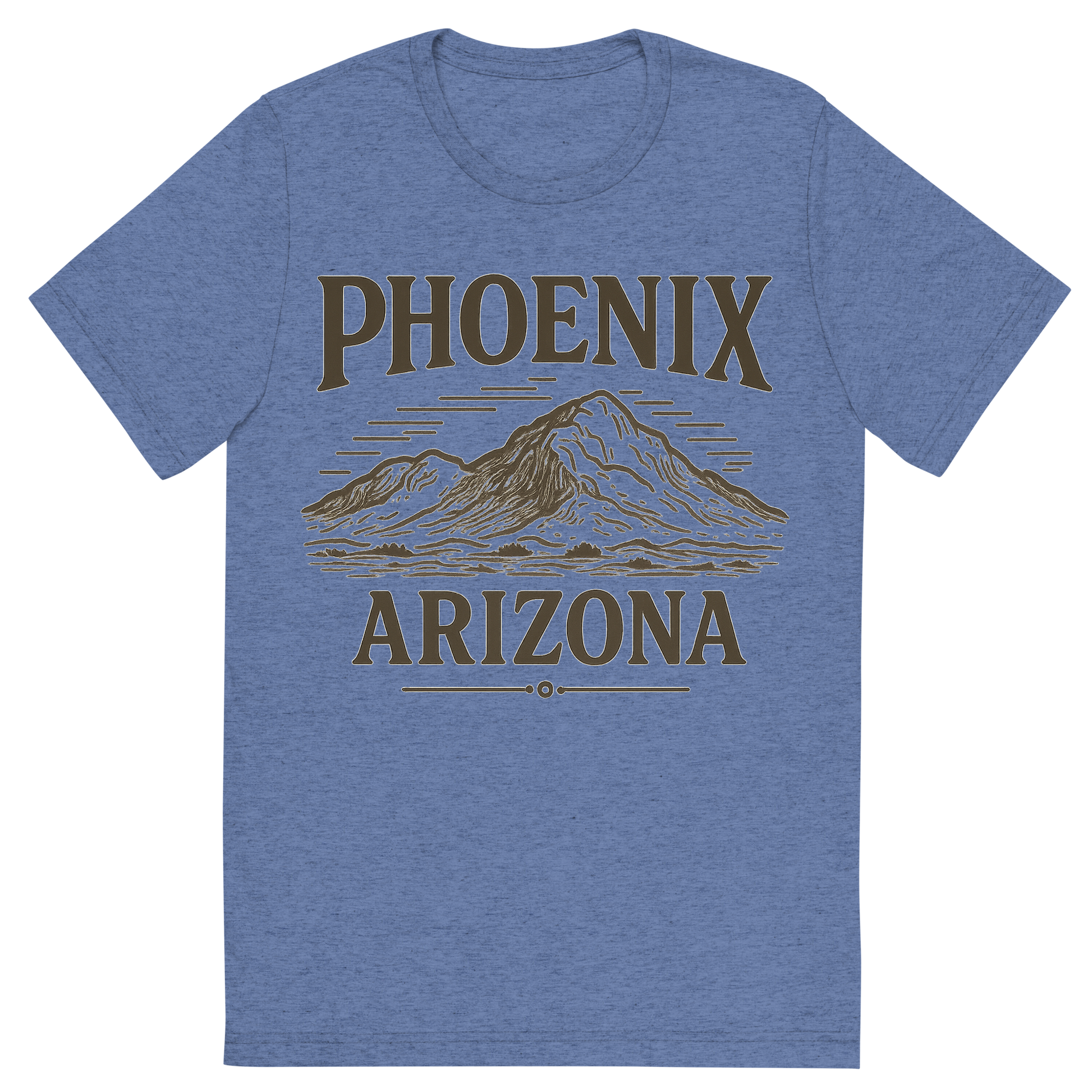 Front view of a Premium Tri-Blend Crew Neck T-Shirt in Blue showing 'A typographic, nostalgic graphic of a typographic illustration of the words 'phoenix, arizona' with a vintage line art drawing of camelback mountain'