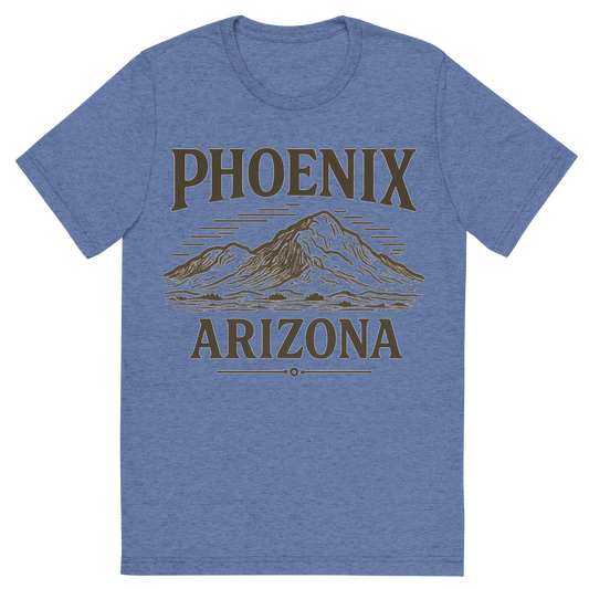 Front view of a Premium Tri-Blend Crew Neck T-Shirt in Blue showing 'A typographic, nostalgic graphic of a typographic illustration of the words 'phoenix, arizona' with a vintage line art drawing of camelback mountain'