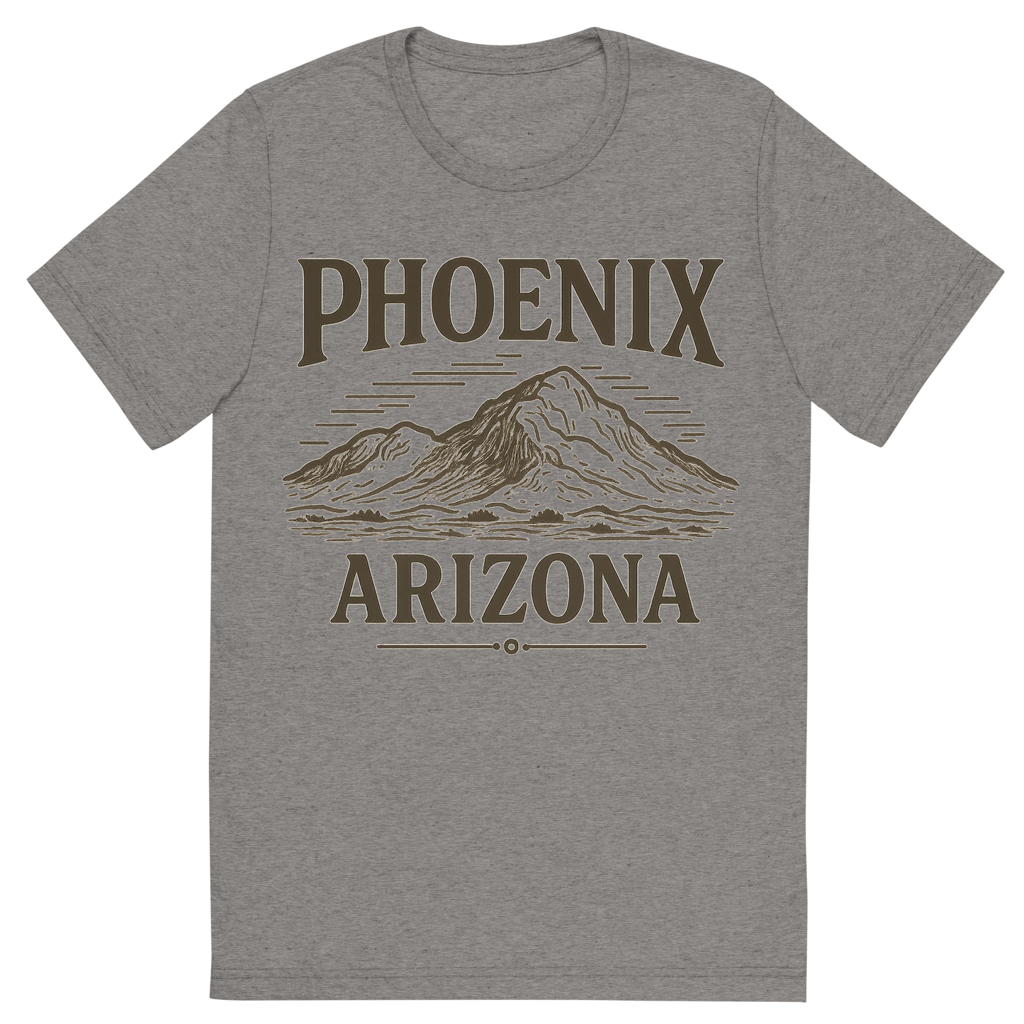 Front view of a Premium Tri-Blend Crew Neck T-Shirt in Grey showing 'A typographic, nostalgic graphic of a typographic illustration of the words 'phoenix, arizona' with a vintage line art drawing of camelback mountain'