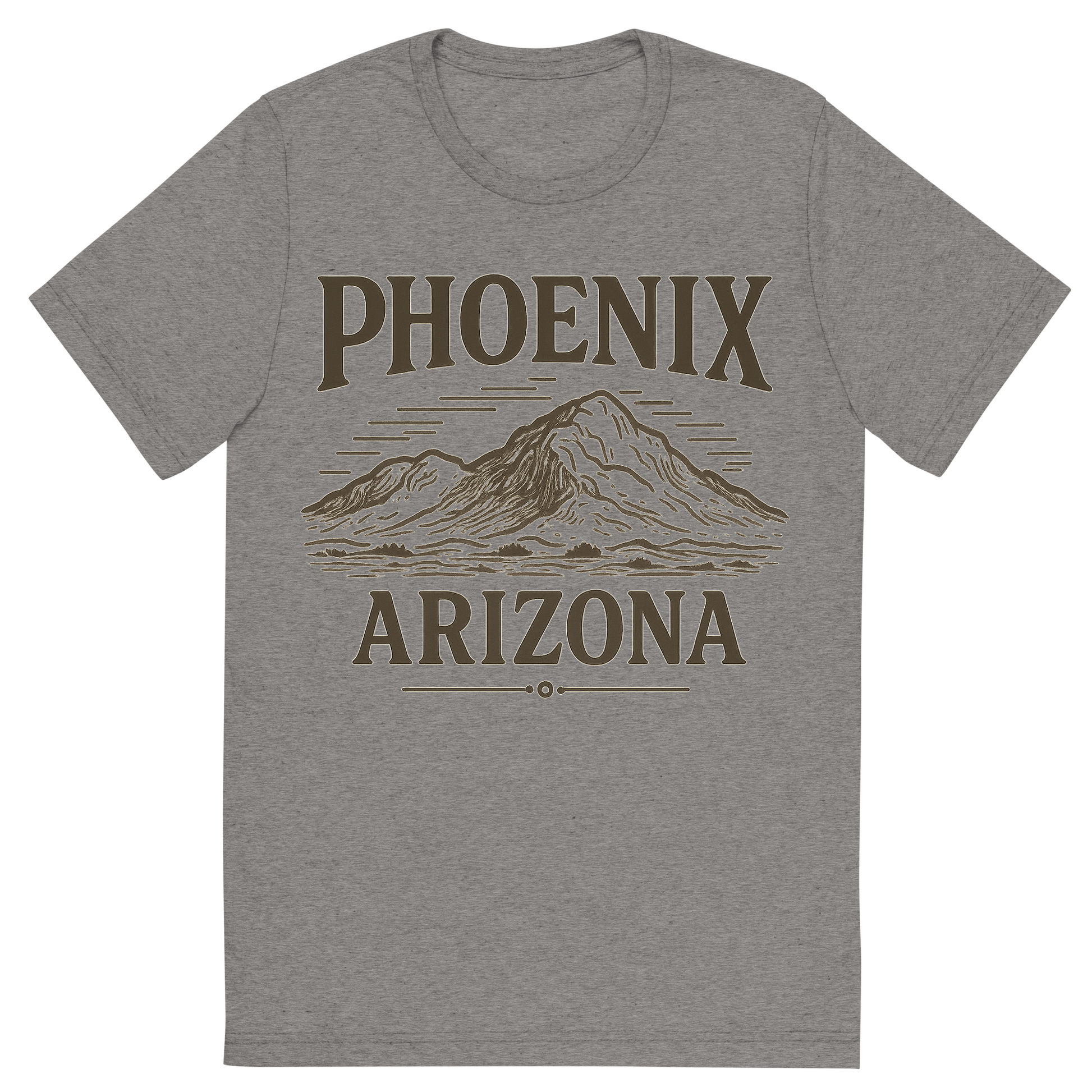 Front view of a Premium Tri-Blend Crew Neck T-Shirt in Grey showing 'A typographic, nostalgic graphic of a typographic illustration of the words 'phoenix, arizona' with a vintage line art drawing of camelback mountain'