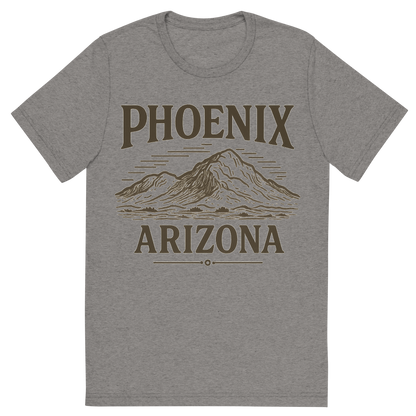 Front view of a Premium Tri-Blend Crew Neck T-Shirt in Grey showing 'A typographic, nostalgic graphic of a typographic illustration of the words 'phoenix, arizona' with a vintage line art drawing of camelback mountain'