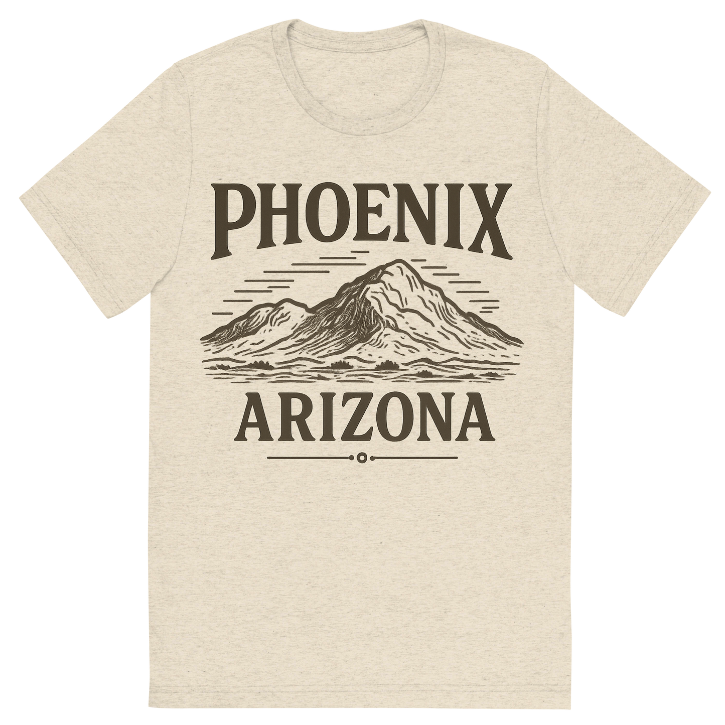 Front view of a Premium Tri-Blend Crew Neck T-Shirt in Oatmeal showing 'A typographic, nostalgic graphic of a typographic illustration of the words 'phoenix, arizona' with a vintage line art drawing of camelback mountain'