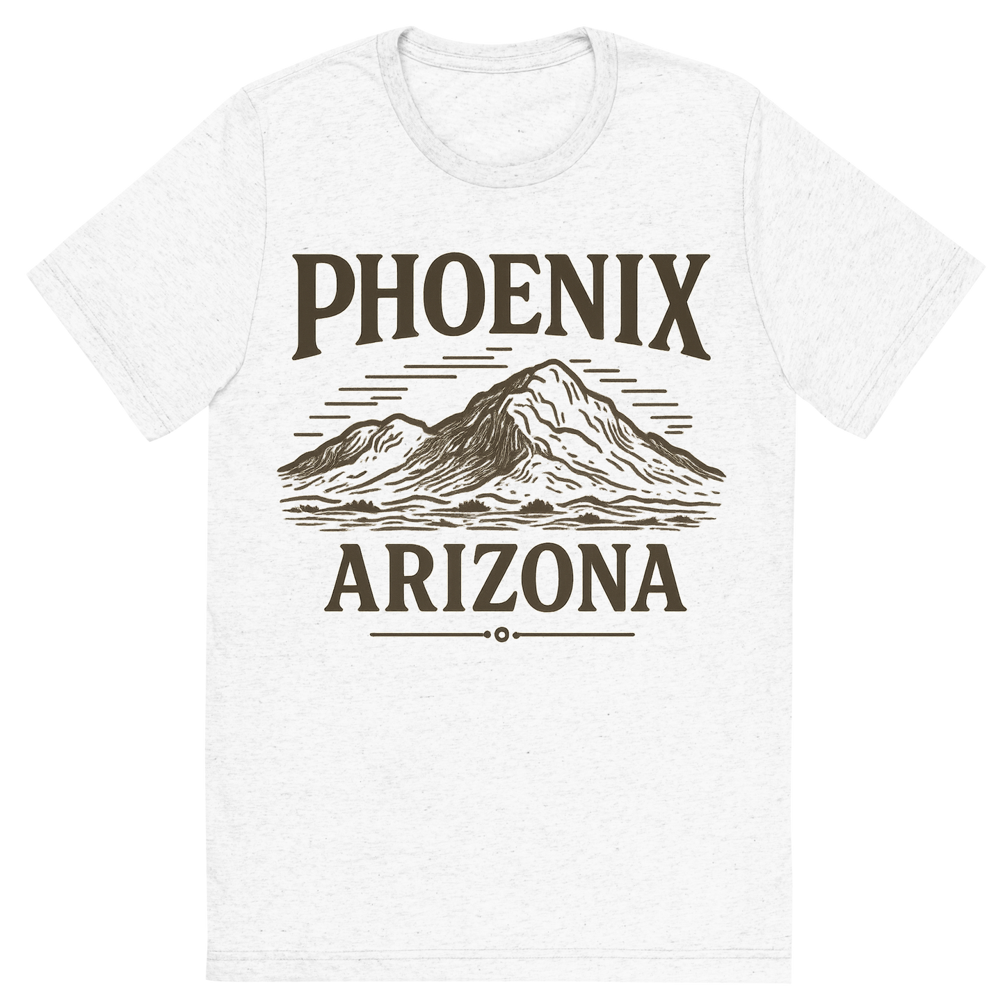 Front view of a Premium Tri-Blend Crew Neck T-Shirt in Solid White showing 'A typographic, nostalgic graphic of a typographic illustration of the words 'phoenix, arizona' with a vintage line art drawing of camelback mountain'