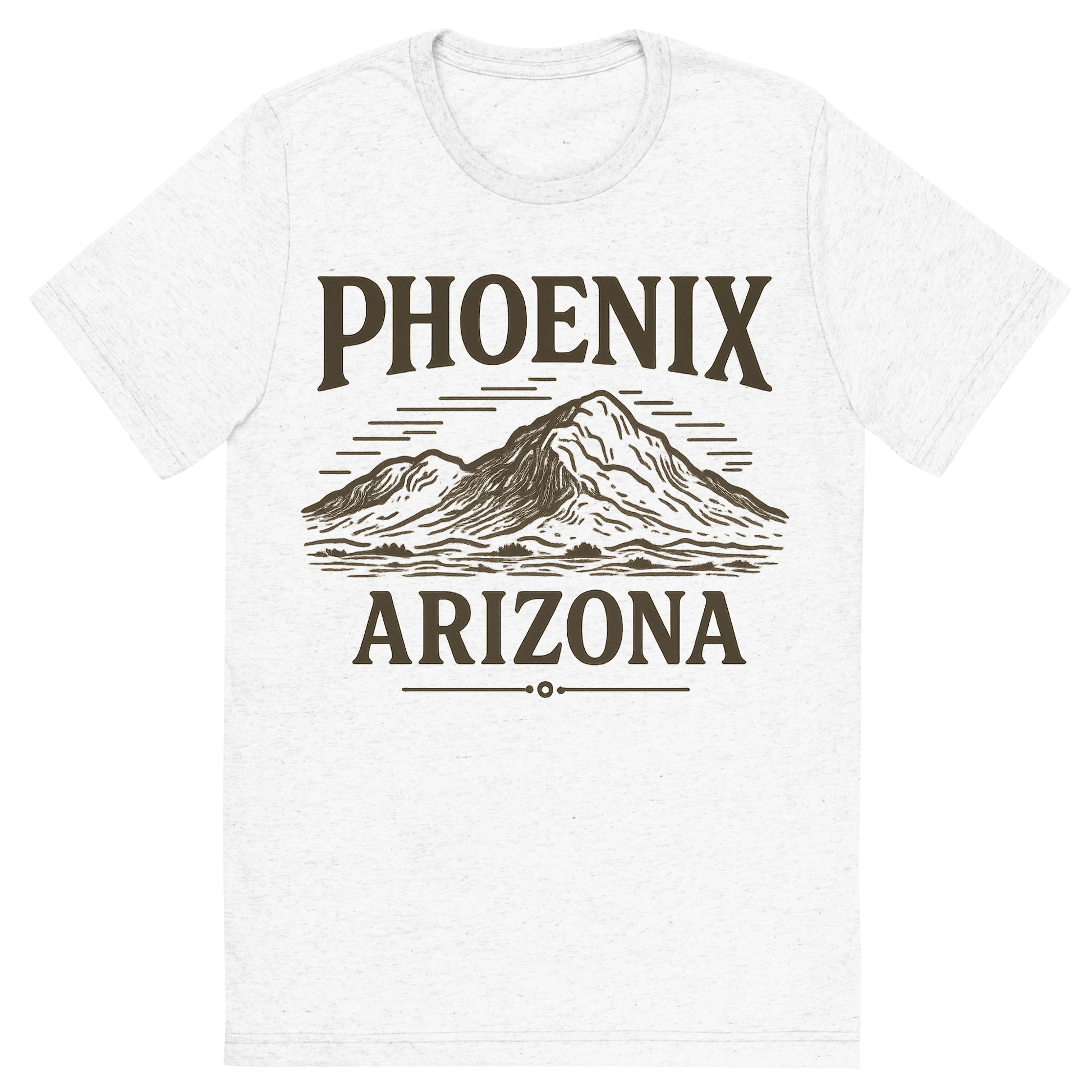 Front view of a Premium Tri-Blend Crew Neck T-Shirt in Solid White showing 'A typographic, nostalgic graphic of a typographic illustration of the words 'phoenix, arizona' with a vintage line art drawing of camelback mountain'