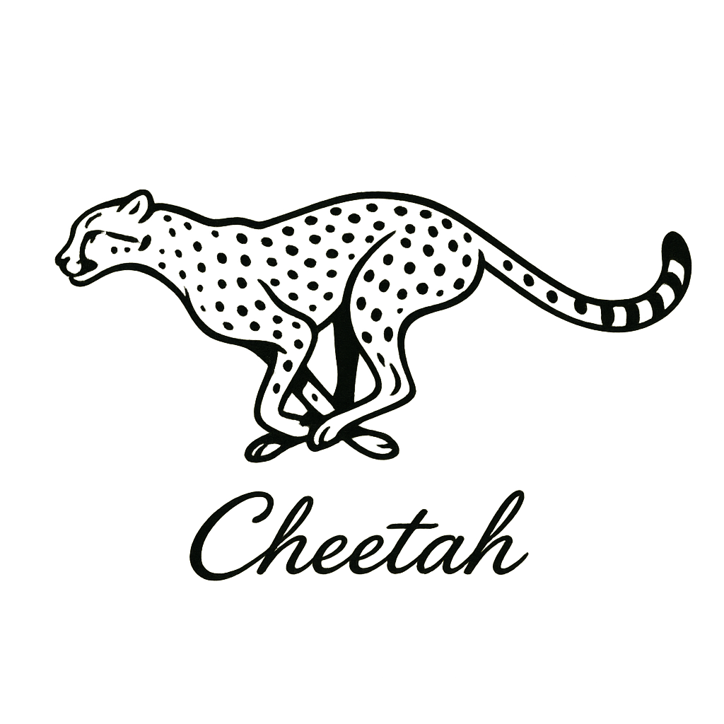 A flat, neutral graphic of a sleek drawing of a running cheetah with tear markings and long limbs. “cheetah” is inscribed below in cursive. minimalist ink on white background. – a t-shirt design