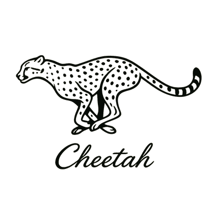 A flat, neutral graphic of a sleek drawing of a running cheetah with tear markings and long limbs. “cheetah” is inscribed below in cursive. minimalist ink on white background. – a t-shirt design