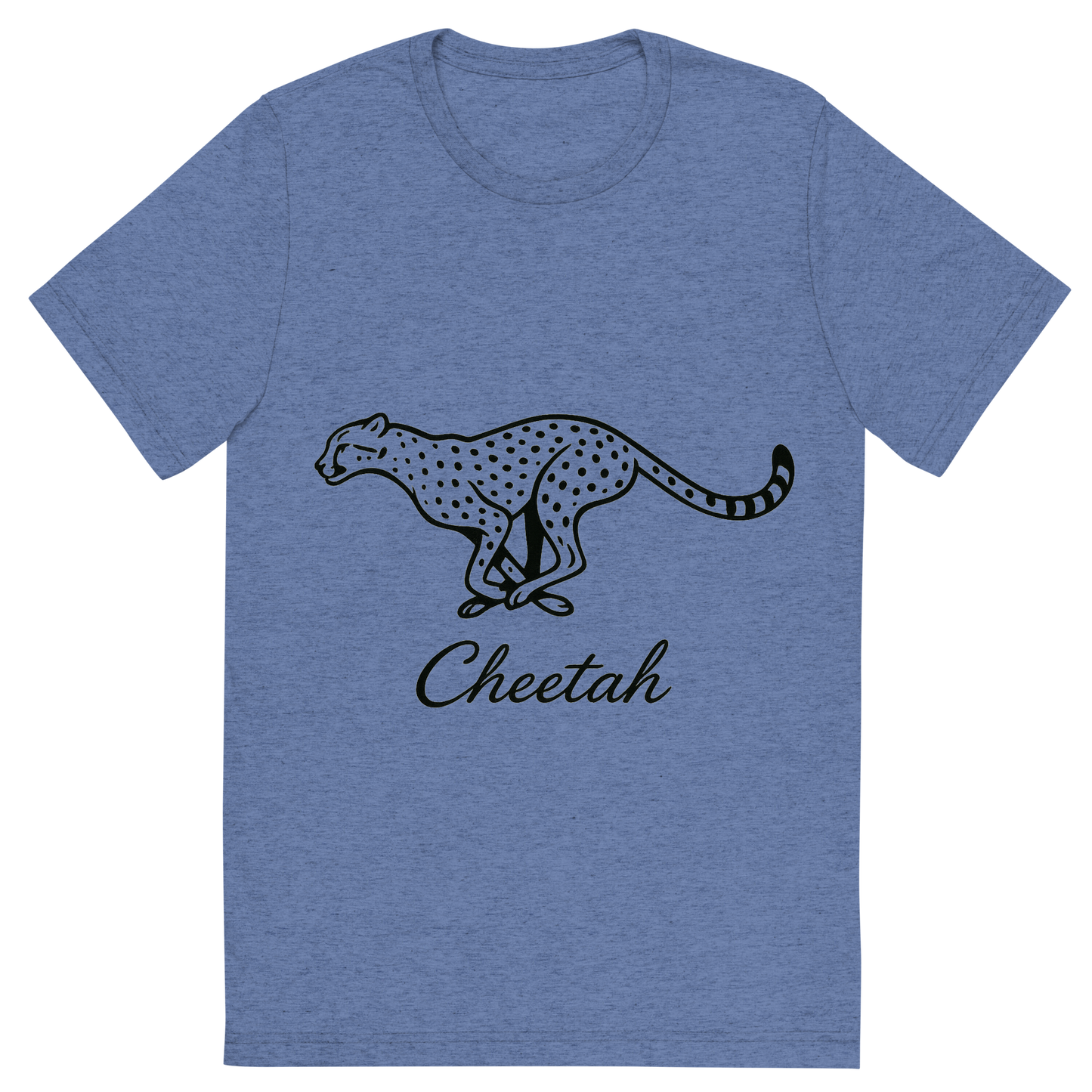 Front view of a Premium Tri-Blend Crew Neck T-Shirt in Blue showing 'A flat, neutral graphic of a sleek drawing of a running cheetah with tear markings and long limbs. “cheetah” is inscribed below in cursive. minimalist ink on white background.'