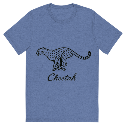 Front view of a Premium Tri-Blend Crew Neck T-Shirt in Blue showing 'A flat, neutral graphic of a sleek drawing of a running cheetah with tear markings and long limbs. “cheetah” is inscribed below in cursive. minimalist ink on white background.'