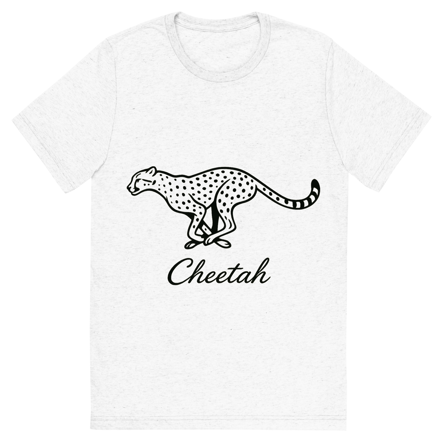 Front view of a Premium Tri-Blend Crew Neck T-Shirt in Solid White showing 'A flat, neutral graphic of a sleek drawing of a running cheetah with tear markings and long limbs. “cheetah” is inscribed below in cursive. minimalist ink on white background.'
