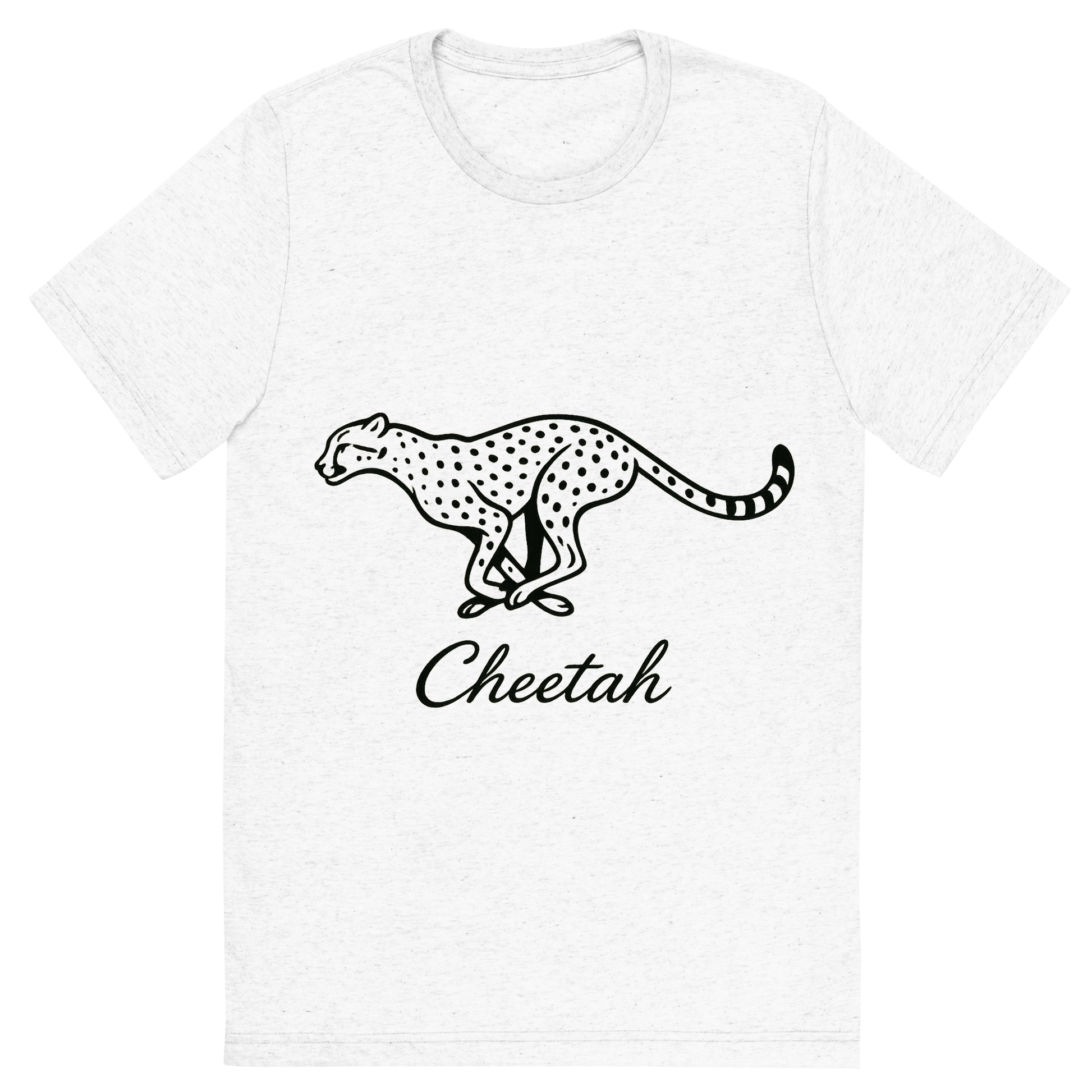 Front view of a Premium Tri-Blend Crew Neck T-Shirt in Solid White showing 'A flat, neutral graphic of a sleek drawing of a running cheetah with tear markings and long limbs. “cheetah” is inscribed below in cursive. minimalist ink on white background.'