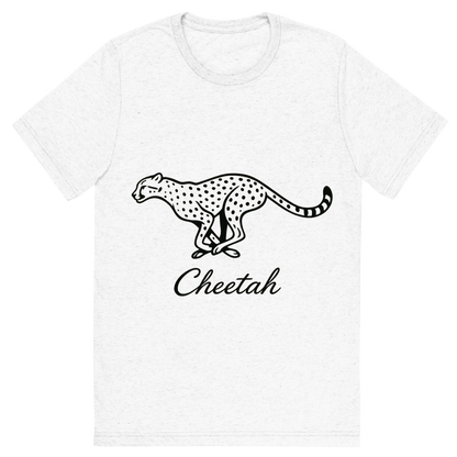Front view of a Premium Tri-Blend Crew Neck T-Shirt in Solid White showing 'A flat, neutral graphic of a sleek drawing of a running cheetah with tear markings and long limbs. “cheetah” is inscribed below in cursive. minimalist ink on white background.'