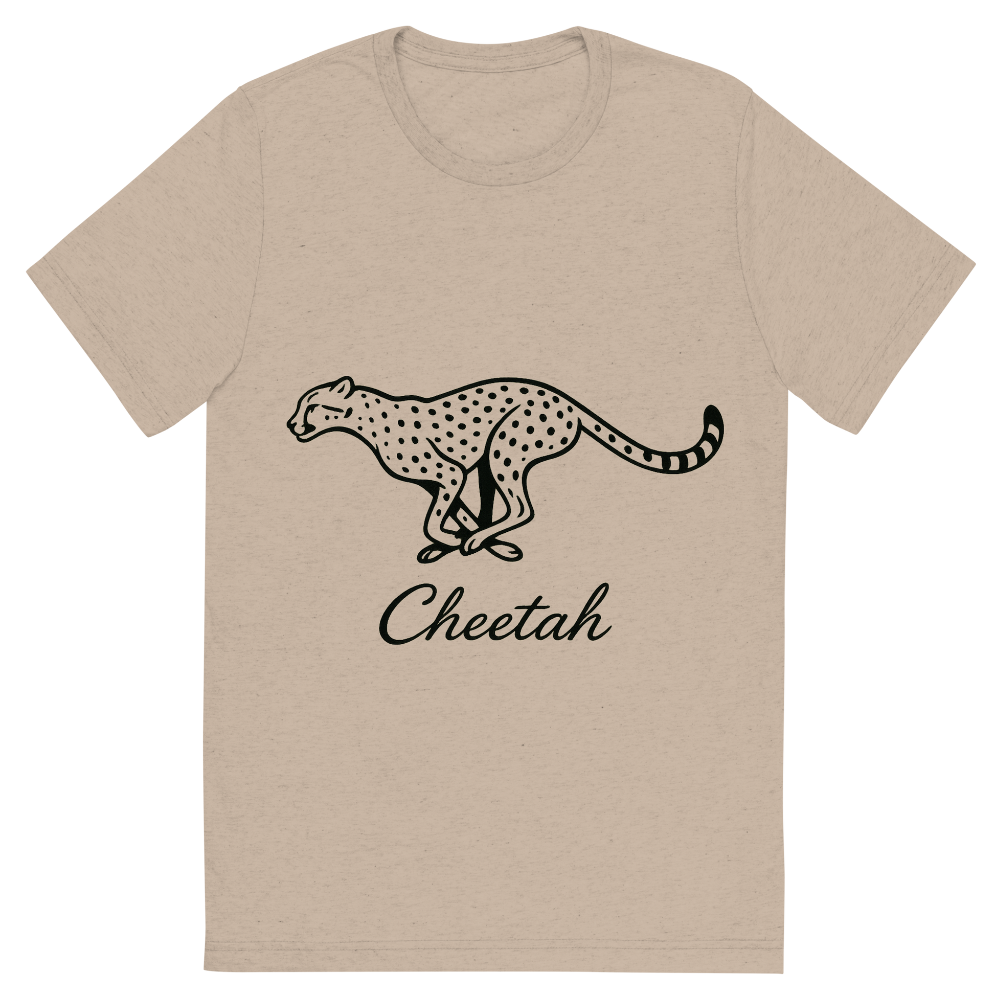 Front view of a Premium Tri-Blend Crew Neck T-Shirt in Tan showing 'A flat, neutral graphic of a sleek drawing of a running cheetah with tear markings and long limbs. “cheetah” is inscribed below in cursive. minimalist ink on white background.'