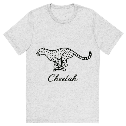 Front view of a Premium Tri-Blend Crew Neck T-Shirt in White Fleck showing 'A flat, neutral graphic of a sleek drawing of a running cheetah with tear markings and long limbs. “cheetah” is inscribed below in cursive. minimalist ink on white background.'