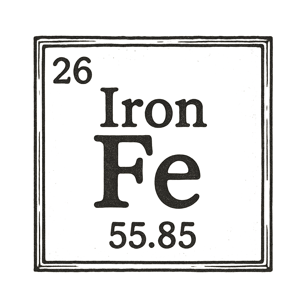A line art, nostalgic graphic of iron's entry on the periodic table, use a dark color for the lines and text – a t-shirt design