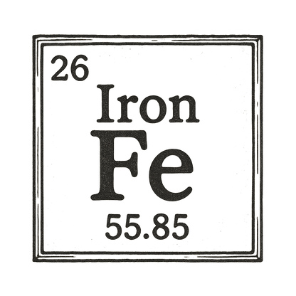 A line art, nostalgic graphic of iron's entry on the periodic table, use a dark color for the lines and text – a t-shirt design