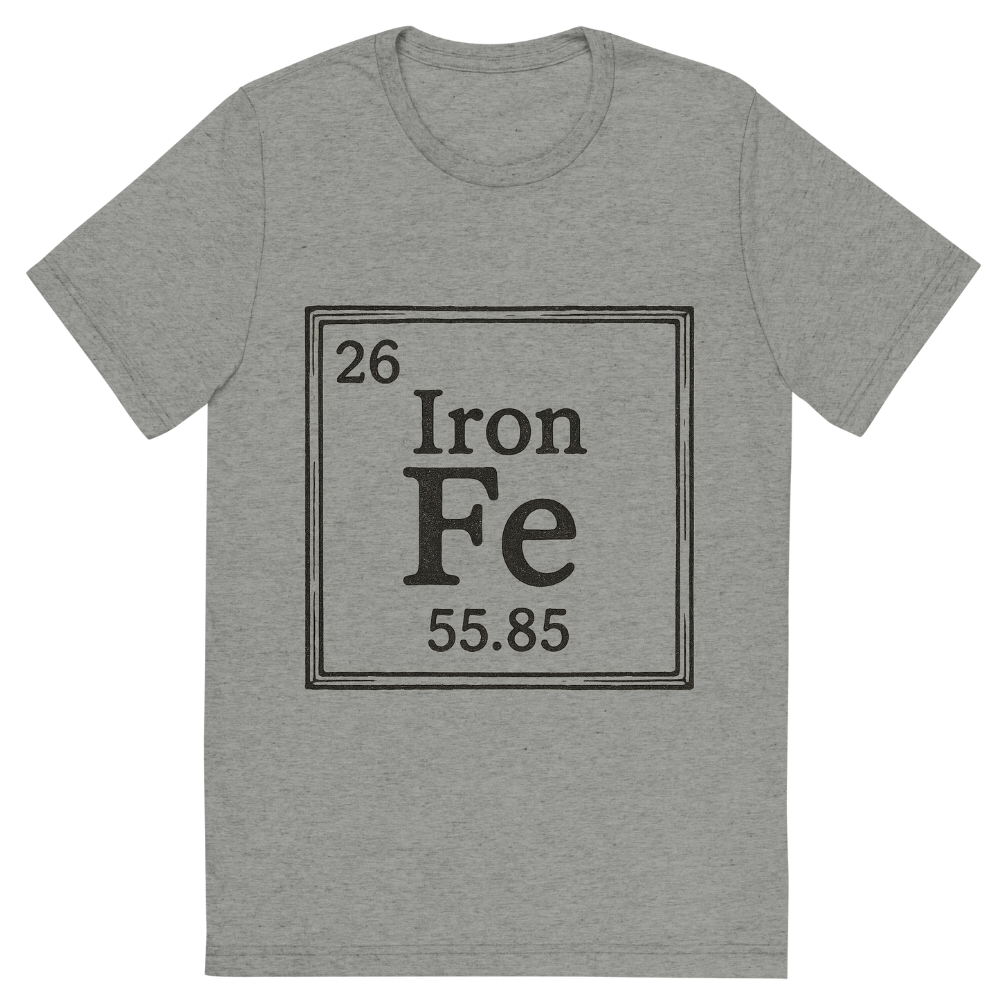 Front view of a Premium Tri-Blend Crew Neck T-Shirt in Athletic Grey showing 'A line art, nostalgic graphic of iron's entry on the periodic table, use a dark color for the lines and text'
