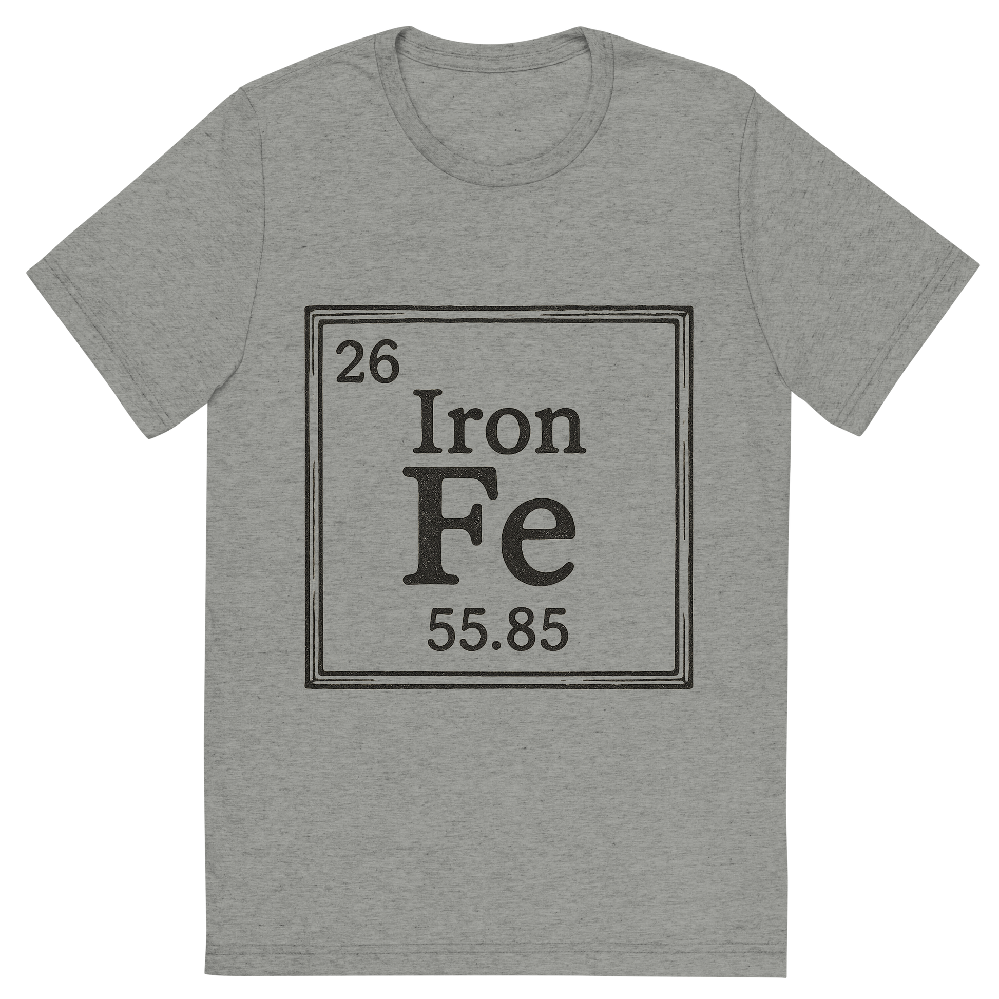 Front view of a Premium Tri-Blend Crew Neck T-Shirt in Athletic Grey showing 'A line art, nostalgic graphic of iron's entry on the periodic table, use a dark color for the lines and text'