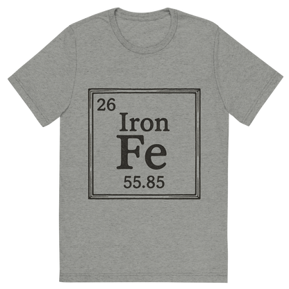 Front view of a Premium Tri-Blend Crew Neck T-Shirt in Athletic Grey showing 'A line art, nostalgic graphic of iron's entry on the periodic table, use a dark color for the lines and text'