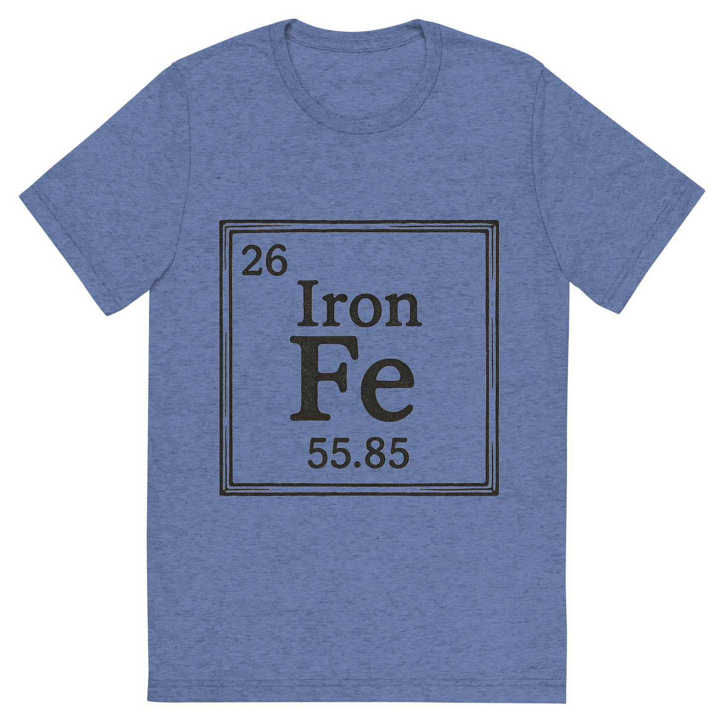 Front view of a Premium Tri-Blend Crew Neck T-Shirt in Blue showing 'A line art, nostalgic graphic of iron's entry on the periodic table, use a dark color for the lines and text'