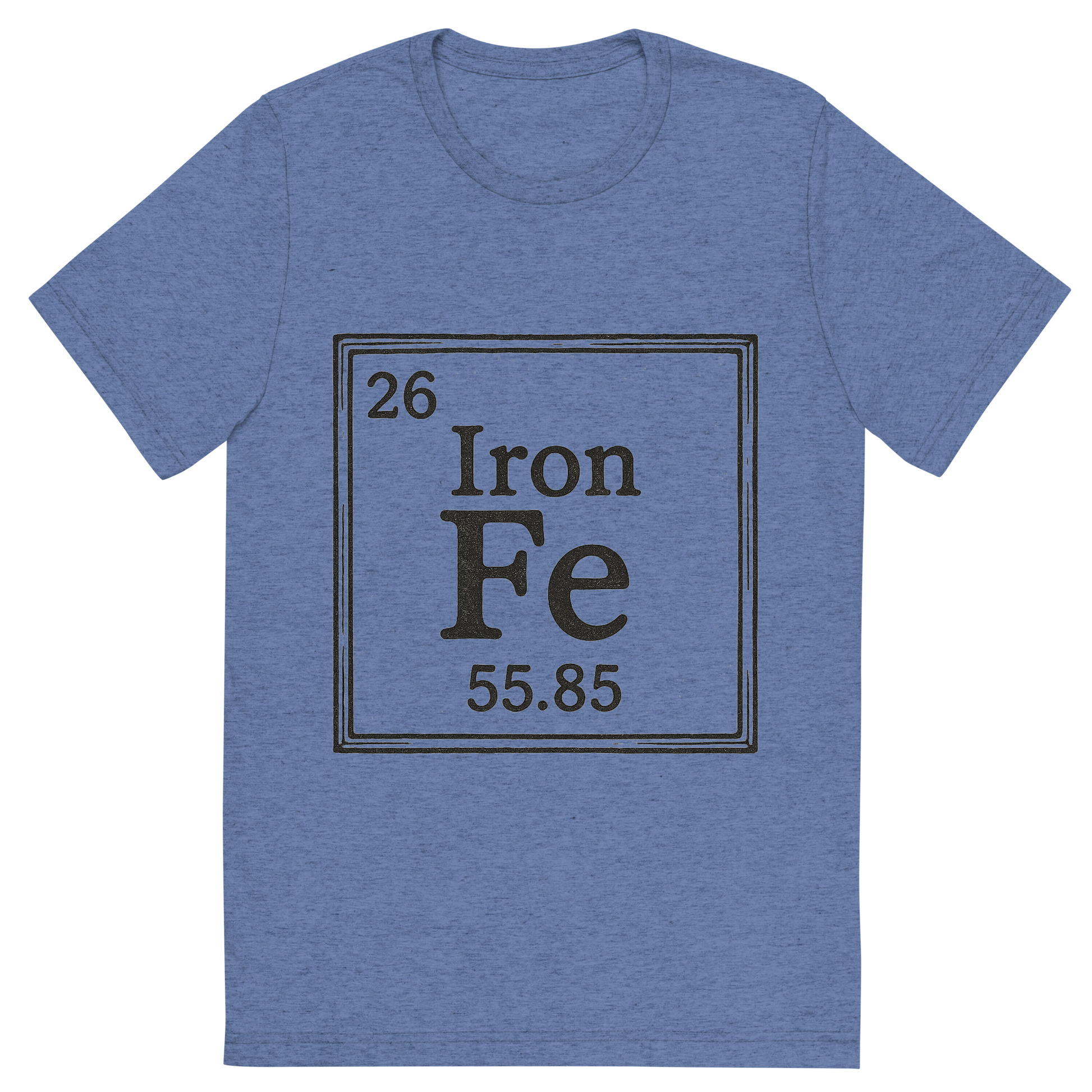 Front view of a Premium Tri-Blend Crew Neck T-Shirt in Blue showing 'A line art, nostalgic graphic of iron's entry on the periodic table, use a dark color for the lines and text'