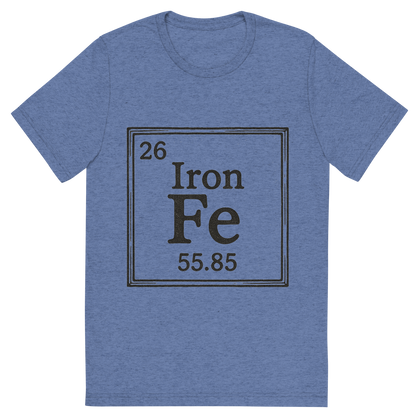 Front view of a Premium Tri-Blend Crew Neck T-Shirt in Blue showing 'A line art, nostalgic graphic of iron's entry on the periodic table, use a dark color for the lines and text'