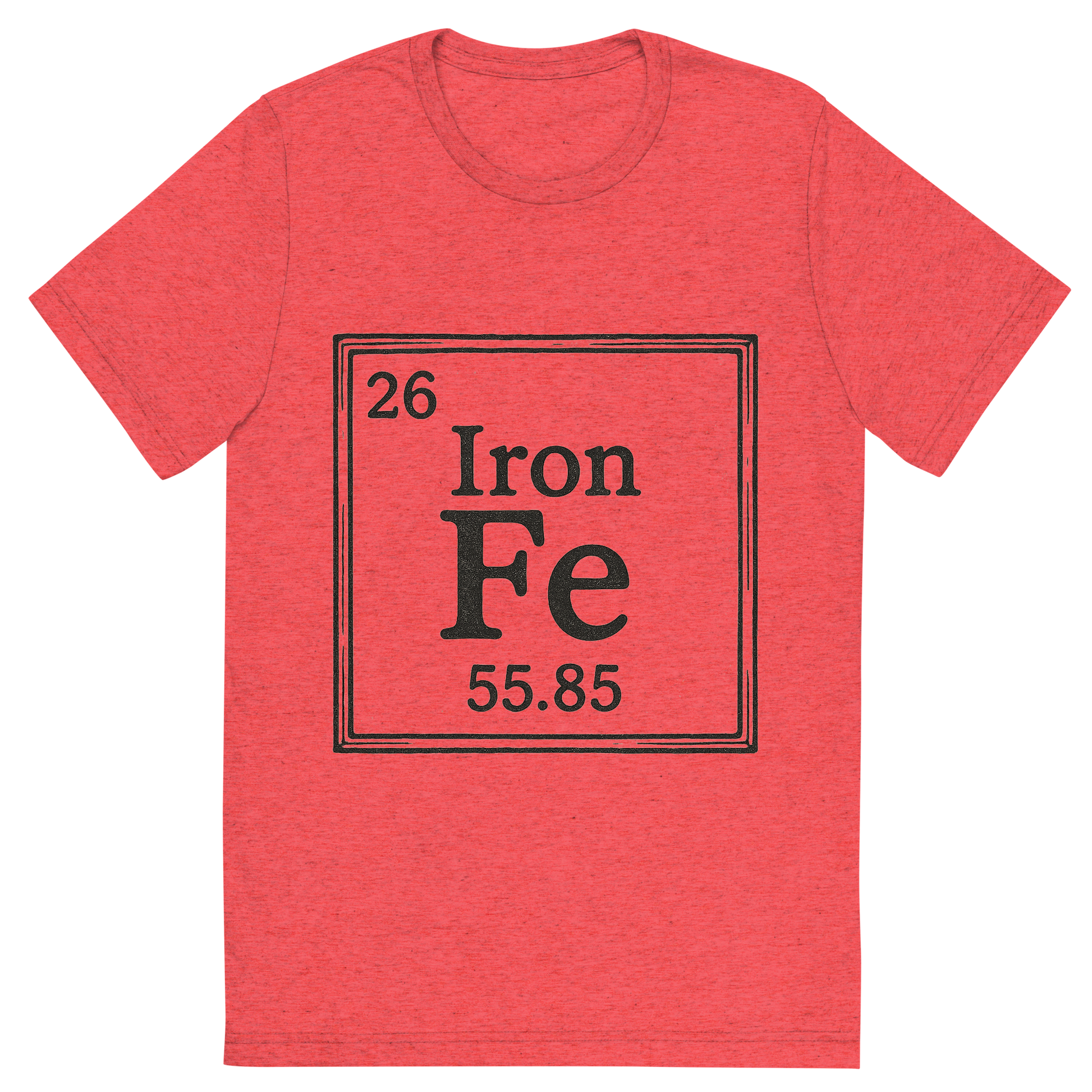 Front view of a Premium Tri-Blend Crew Neck T-Shirt in Red showing 'A line art, nostalgic graphic of iron's entry on the periodic table, use a dark color for the lines and text'