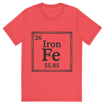 Front view of a Premium Tri-Blend Crew Neck T-Shirt in Red showing 'A line art, nostalgic graphic of iron's entry on the periodic table, use a dark color for the lines and text'