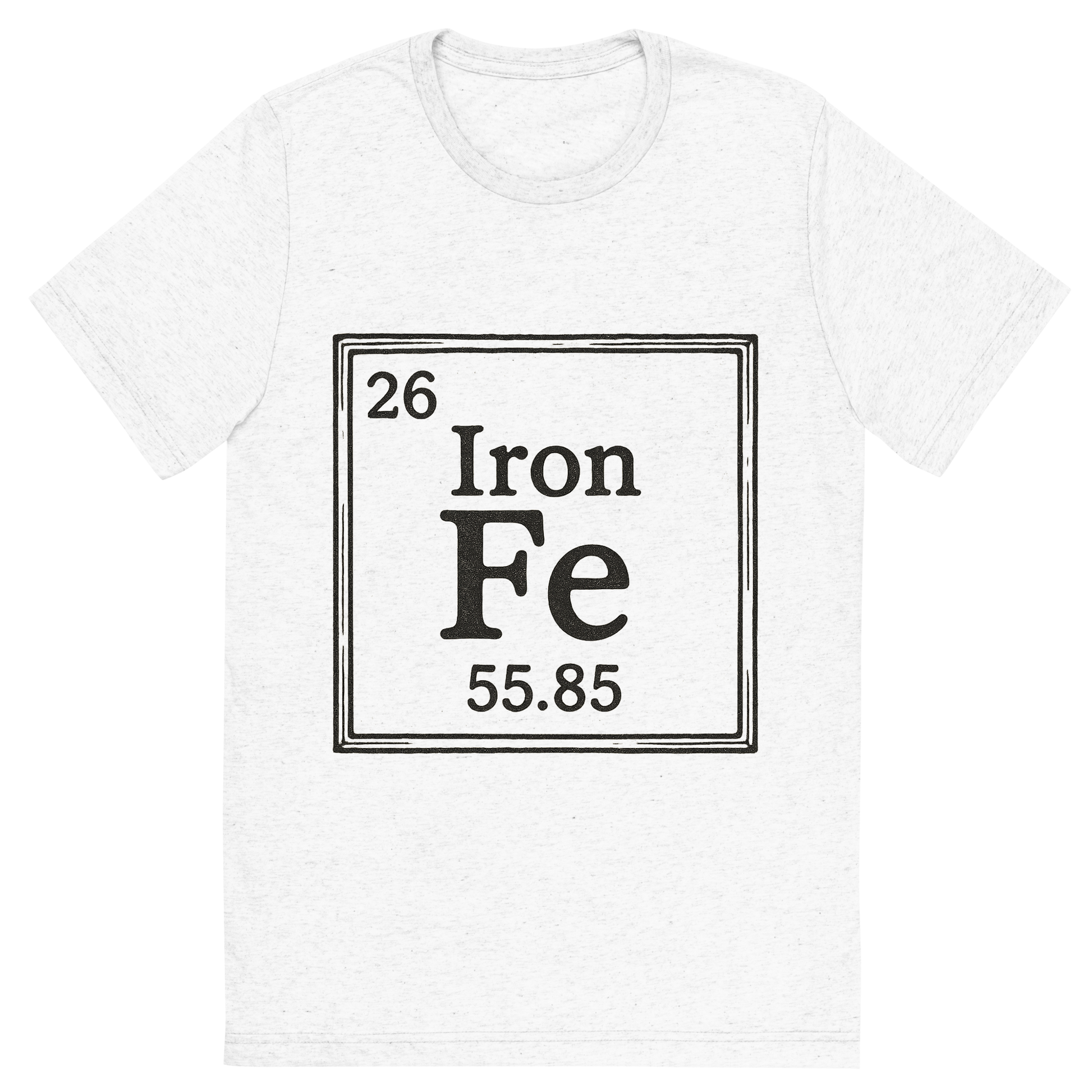 Front view of a Premium Tri-Blend Crew Neck T-Shirt in Solid White showing 'A line art, nostalgic graphic of iron's entry on the periodic table, use a dark color for the lines and text'