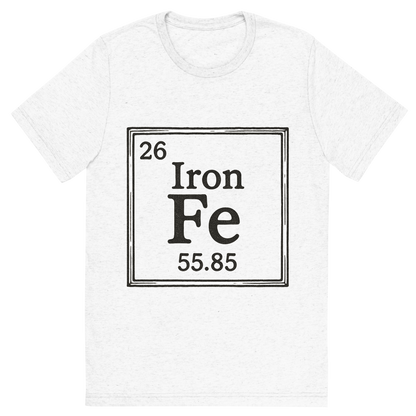 Front view of a Premium Tri-Blend Crew Neck T-Shirt in Solid White showing 'A line art, nostalgic graphic of iron's entry on the periodic table, use a dark color for the lines and text'