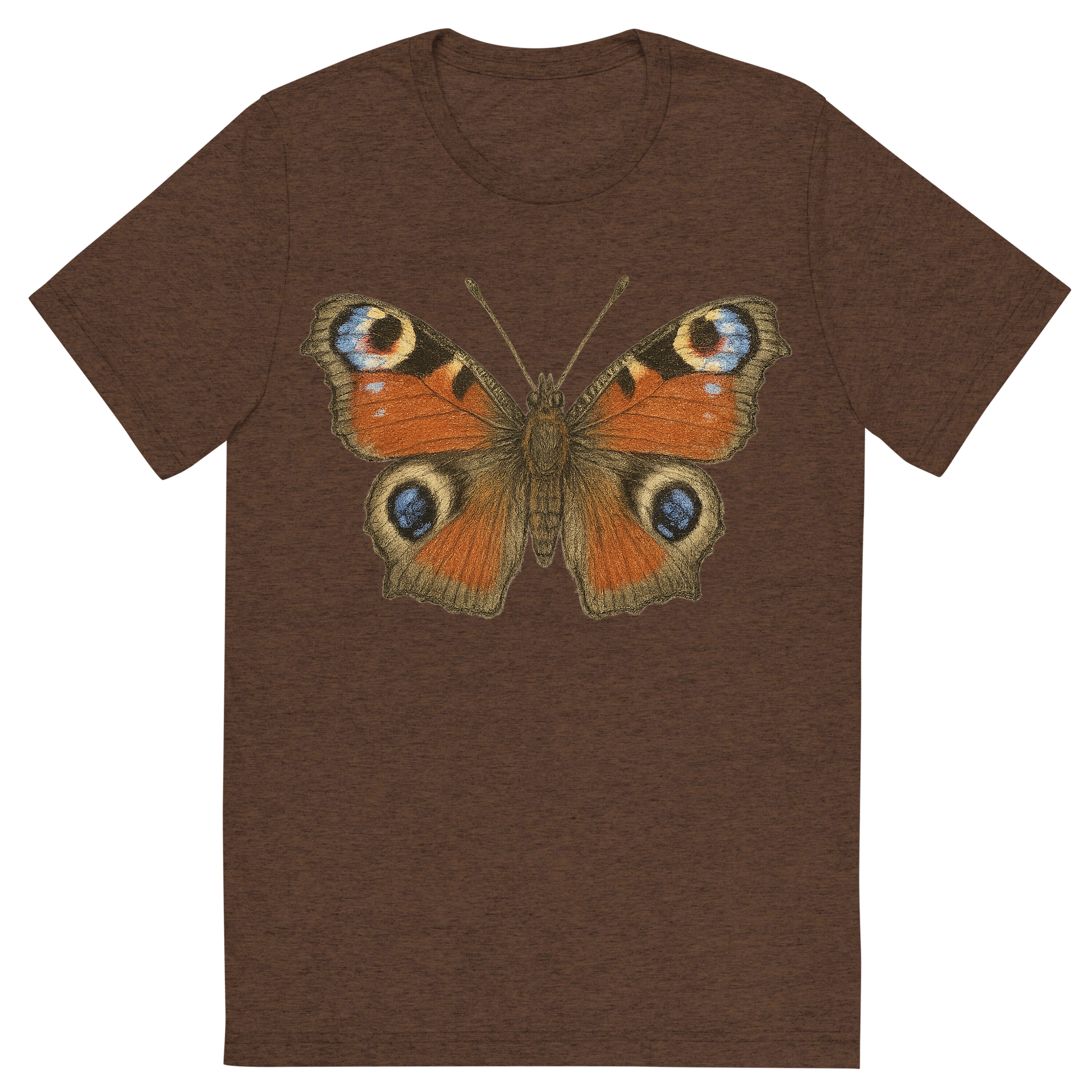 Front view of a Premium Tri-Blend Crew Neck T-Shirt in Brown showing 'A hand-drawn, tranquil graphic of peacock butterfly'