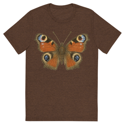 Front view of a Premium Tri-Blend Crew Neck T-Shirt in Brown showing 'A hand-drawn, tranquil graphic of peacock butterfly'