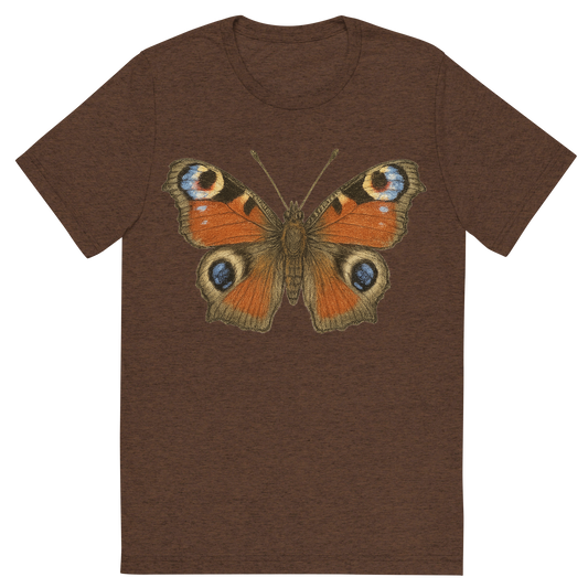 Front view of a Premium Tri-Blend Crew Neck T-Shirt in Brown showing 'A hand-drawn, tranquil graphic of peacock butterfly'