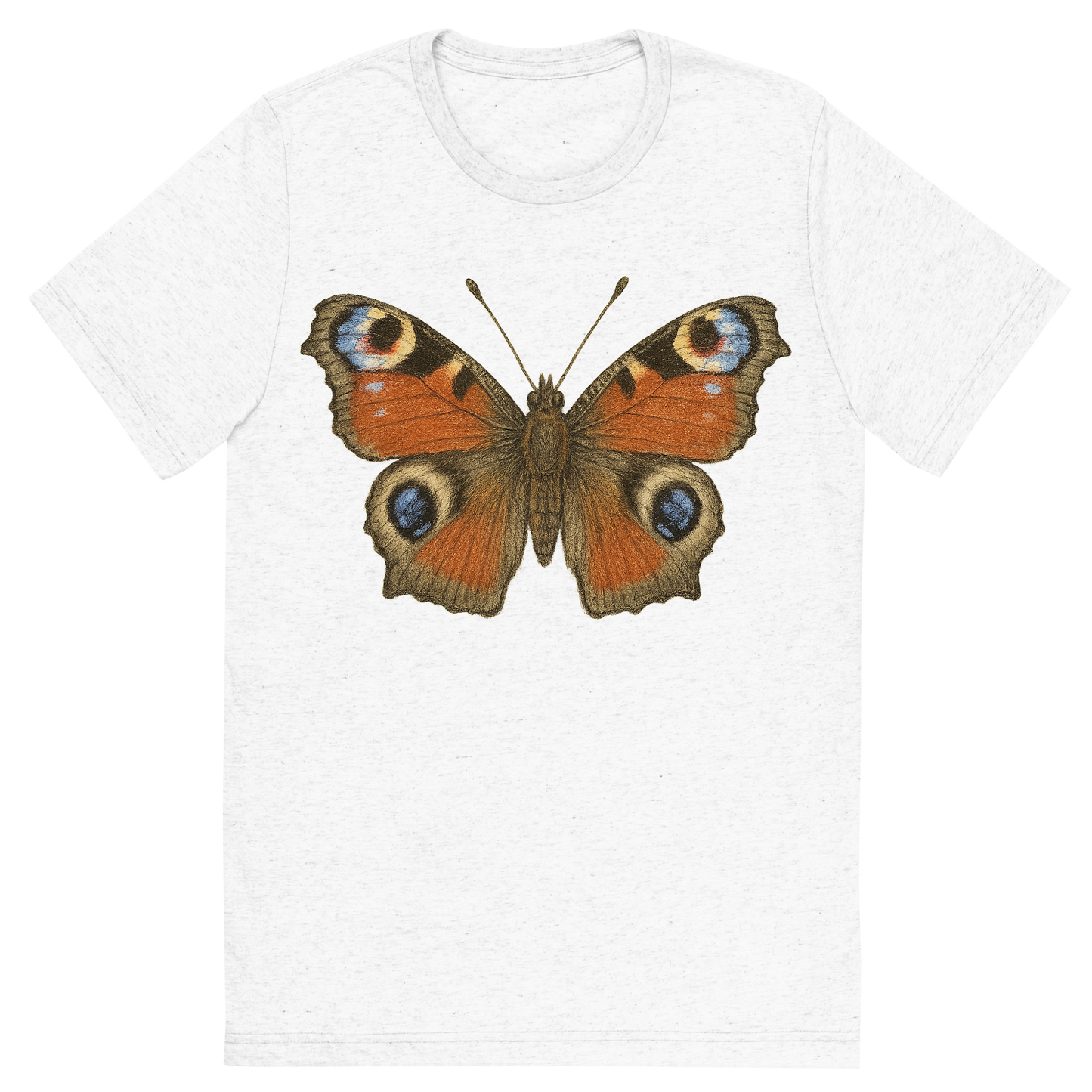 Front view of a Premium Tri-Blend Crew Neck T-Shirt in Solid White showing 'A hand-drawn, tranquil graphic of peacock butterfly'