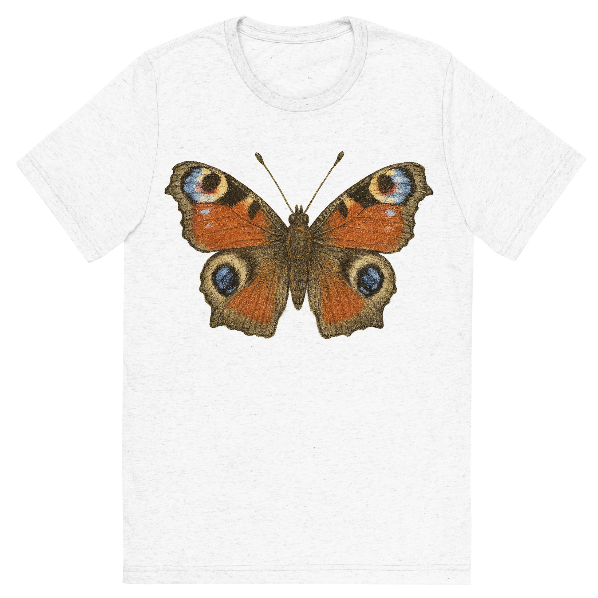 Front view of a Premium Tri-Blend Crew Neck T-Shirt in Solid White showing 'A hand-drawn, tranquil graphic of peacock butterfly'