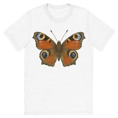 Front view of a Premium Tri-Blend Crew Neck T-Shirt in Solid White showing 'A hand-drawn, tranquil graphic of peacock butterfly'