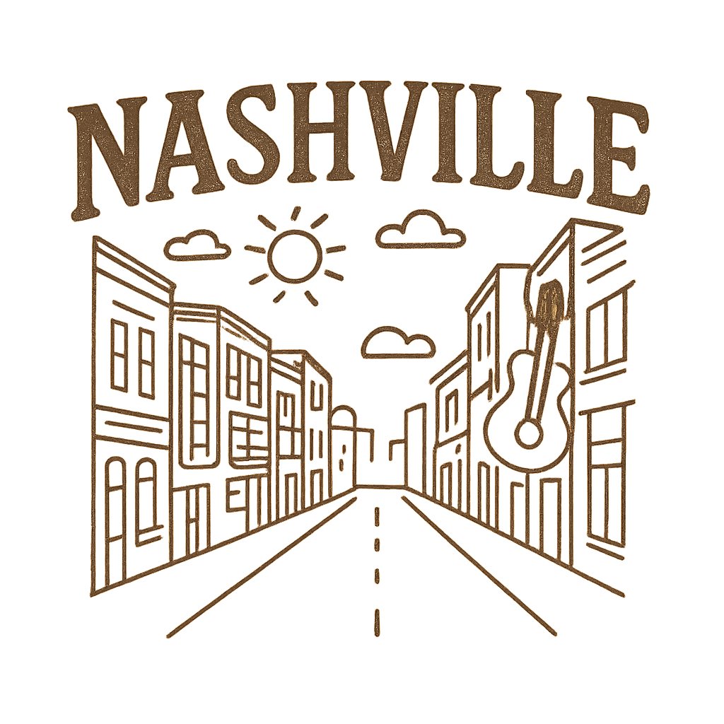 A minimalist, playful graphic of a typographic illustration of the words 'nashville' with a vintage line art drawing of broadway street – a t-shirt design