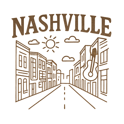 A minimalist, playful graphic of a typographic illustration of the words 'nashville' with a vintage line art drawing of broadway street – a t-shirt design